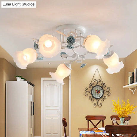 Frosted Glass Bud Semi Flush Chandelier In Pink/Blue/Blue - White - Ceiling Mount Lamp For