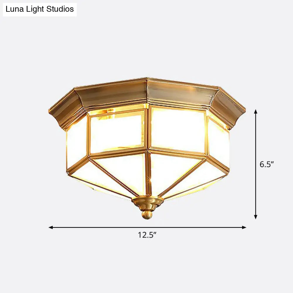 Frosted Glass Cap Ceiling Light With Brass Mount - Minimalist 2 - Bulb Flush Fixture For Corridors