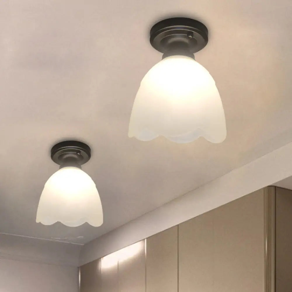 Frosted Glass Ceiling Fixture: Flower Bud Flush Mount Lamp - Loft Style Black Perfect For Hallways