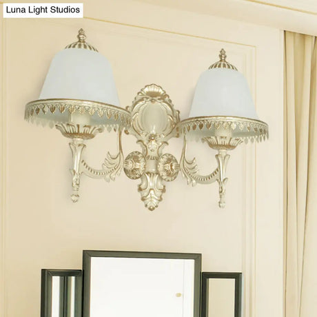 Frosted Glass Cloche Wall Sconce: Traditional 2-Head Dining Room Lamp With White Trim