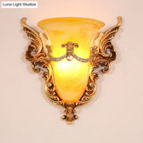 Frosted Glass Colonial Wall Sconce - 1 Bulb Flush Mount Light In White/Gold