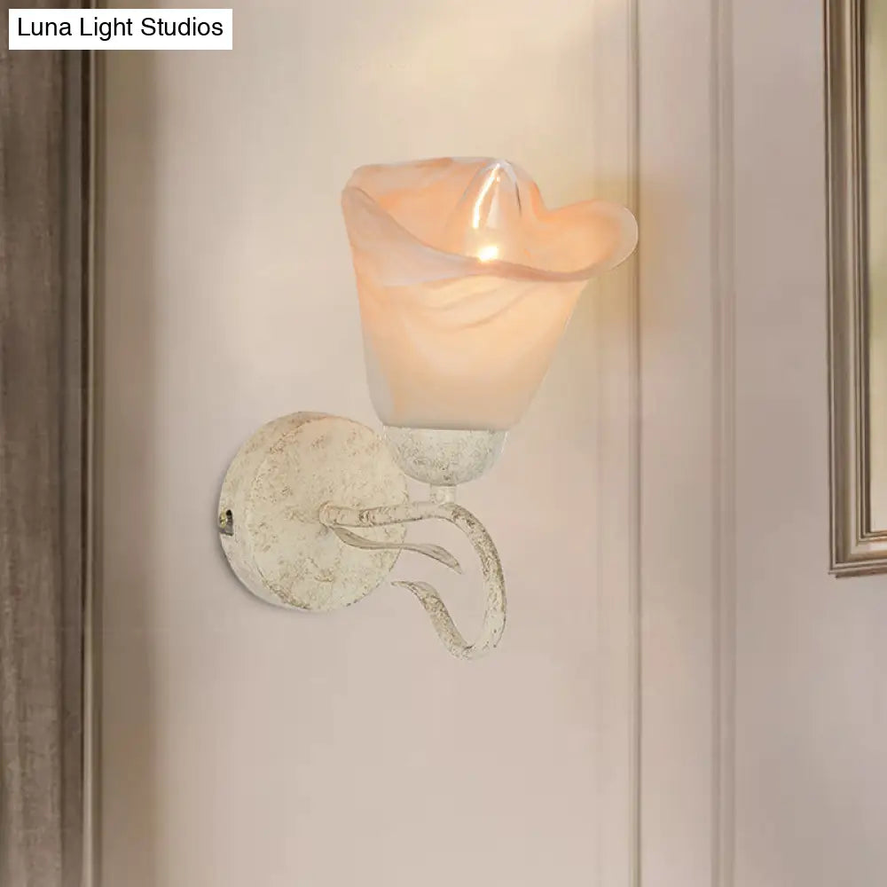 Frosted Glass Distressed White Floral Sconce: Bedroom Wall Mount Light