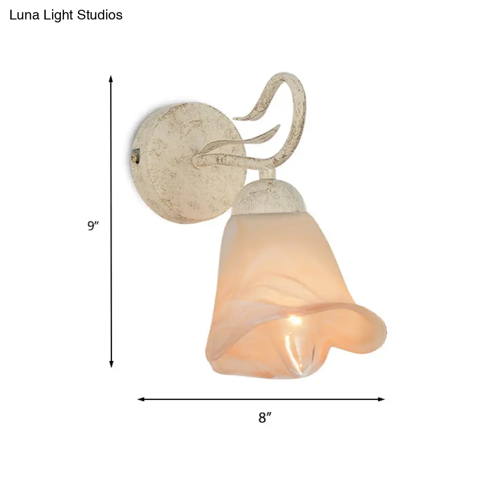 Frosted Glass Distressed White Floral Sconce: Bedroom Wall Mount Light