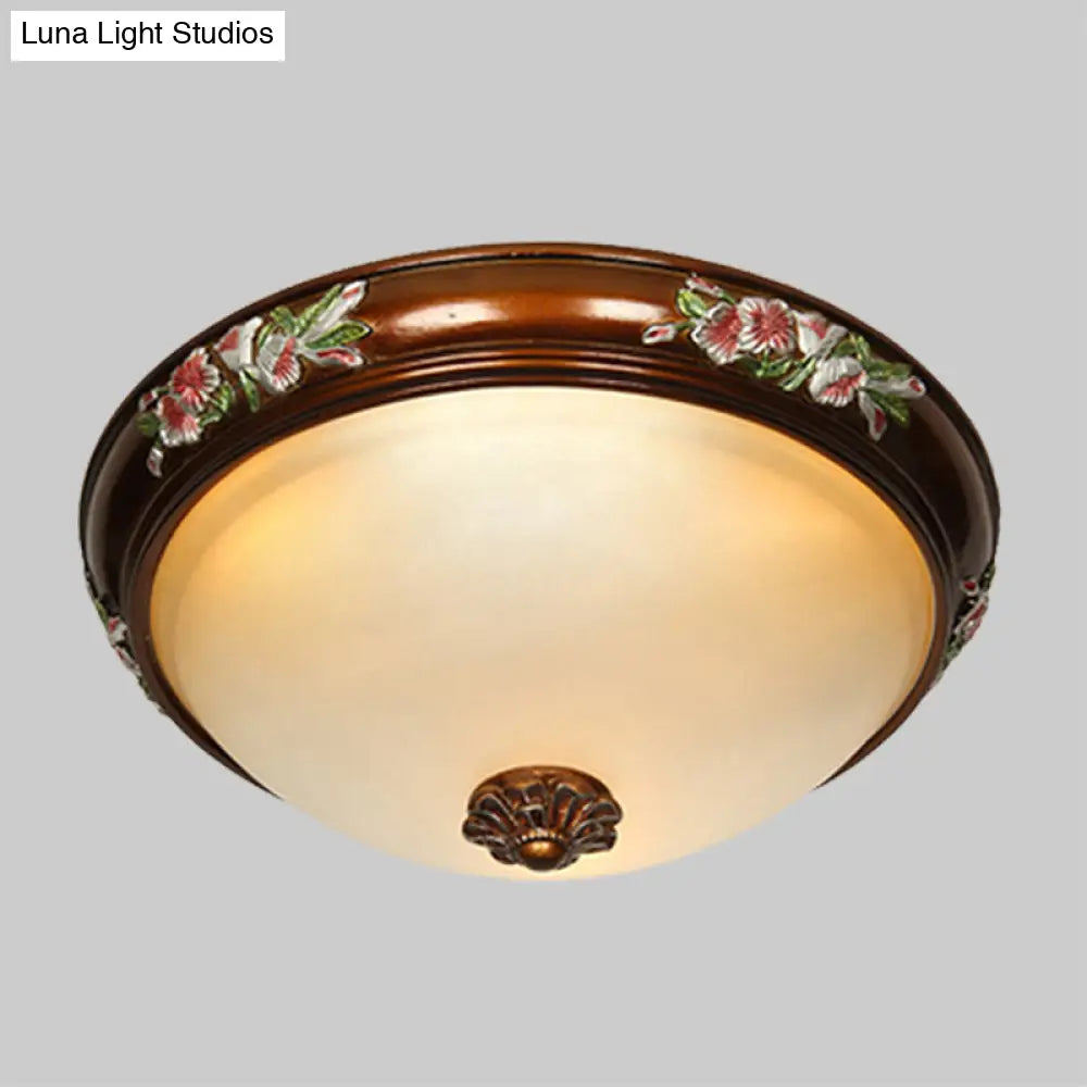Frosted Glass Dome Shape Ceiling Flush Vintage Light Fixture With Blossom Design - Brown