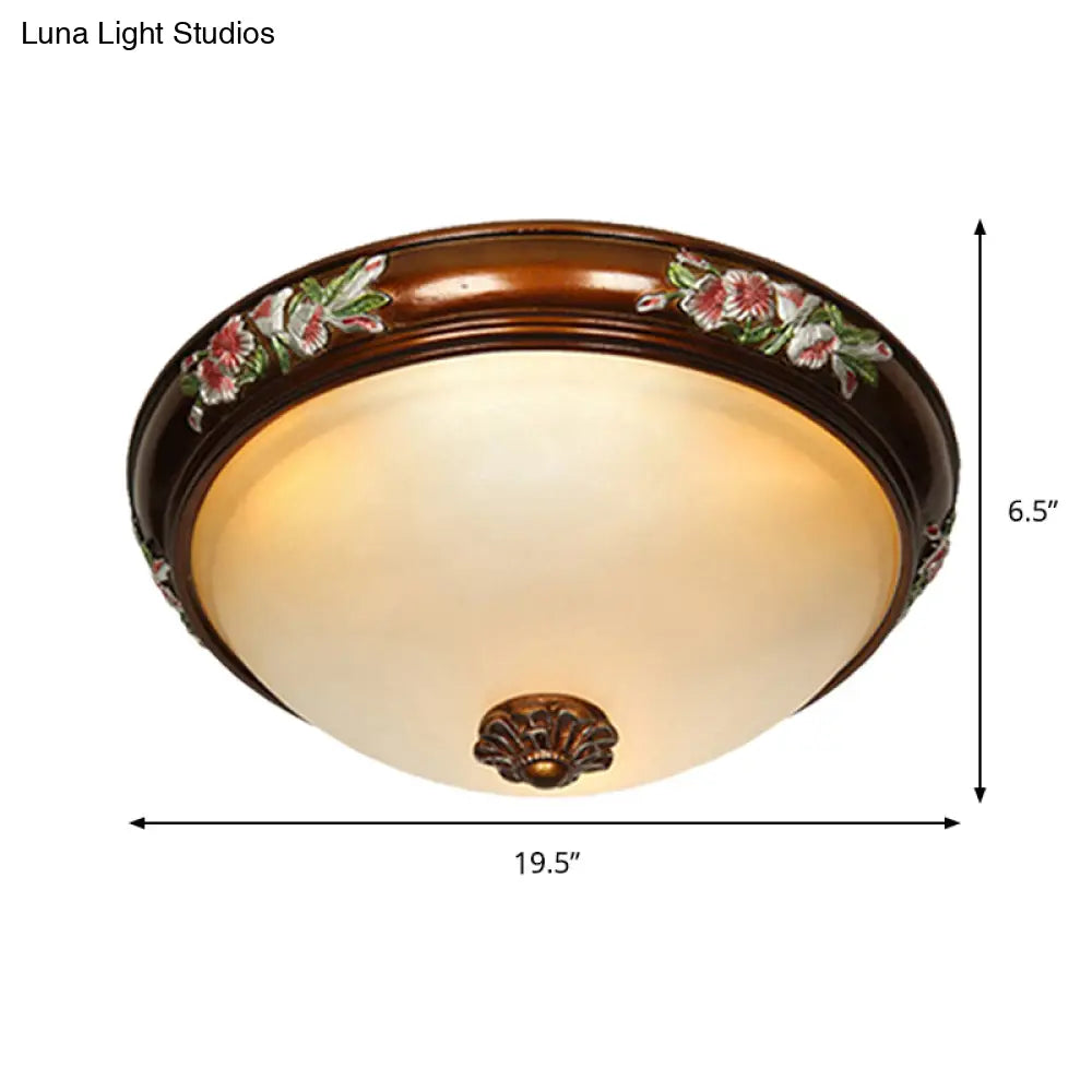Frosted Glass Dome Shape Ceiling Flush Vintage Light Fixture With Blossom Design - Brown