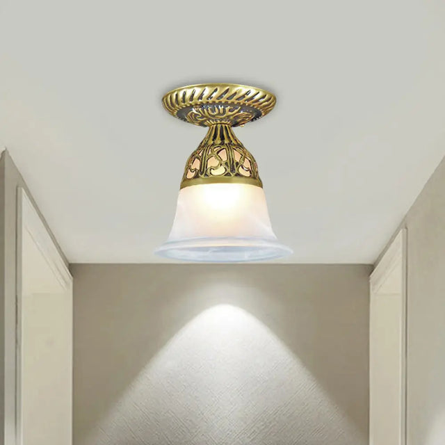 Frosted Glass Farmhouse Flush Mount Lamp - Bell Shape 1 - Head Brass Ceiling Light Fixture For