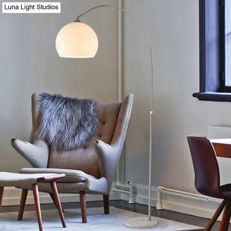 Frosted Glass Global Floor Light With Arched Arm - Minimalist White Standing Lamp