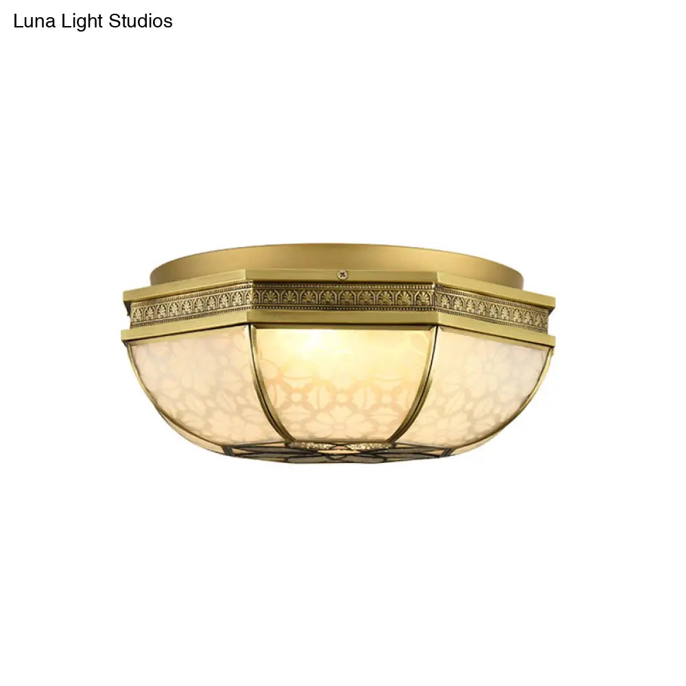 Frosted Glass Gold Flush Mount Ceiling Fixture With Flower Pattern - 4 - Light Colonial Metal Design