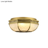 Frosted Glass Gold Flush Mount Ceiling Fixture With Flower Pattern - 4 - Light Colonial Metal Design