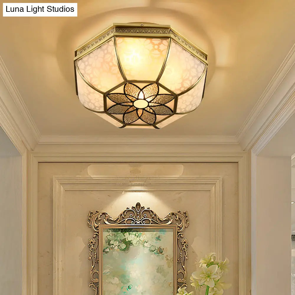Frosted Glass Gold Flush Mount Ceiling Fixture With Flower Pattern - 4 - Light Colonial Metal Design