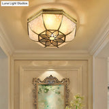 Frosted Glass Gold Flush Mount Ceiling Fixture With Flower Pattern - 4 - Light Colonial Metal Design