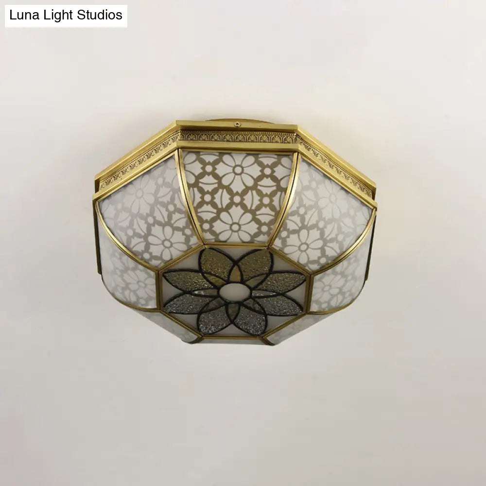 Frosted Glass Gold Flush Mount Ceiling Fixture With Flower Pattern - 4 - Light Colonial Metal Design