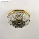Frosted Glass Gold Flush Mount Ceiling Fixture With Flower Pattern - 4 - Light Colonial Metal Design