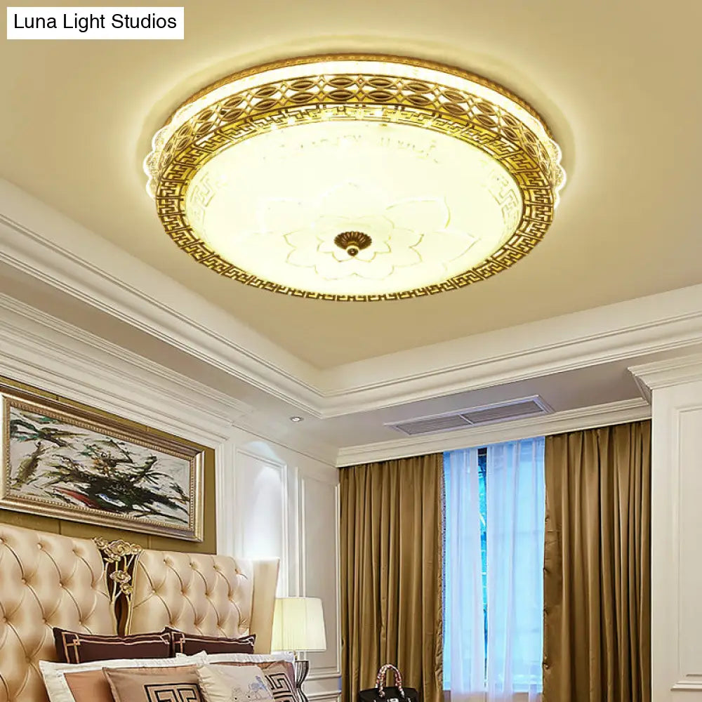 Frosted Glass Hollowed Flush Lamp With Golden Led Ceiling Light Fixture