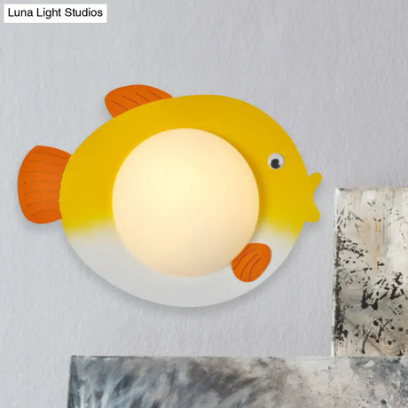 Frosted Glass Mini Sphere Sconce Kids Wall Light With Fish Backplate - Blue/Yellow Led Warm/White