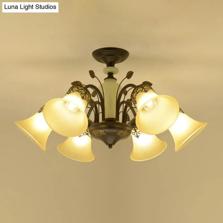 Frosted Glass Morning Glory Chandelier - Farmhouse Ceiling Pendant (3/6/8 Lights) In Black/White