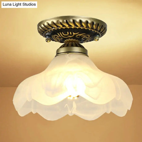 Frosted Glass Semi Flush Mount Vintage Bronze Bell Ceiling Light