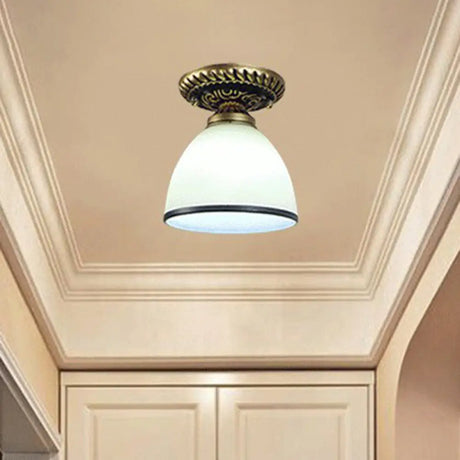 Frosted Glass Semi Flush Mount Vintage Bronze Bell Ceiling Light / B