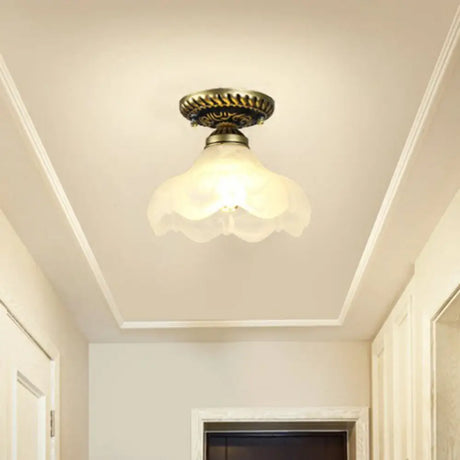 Frosted Glass Semi Flush Mount Vintage Bronze Bell Ceiling Light / C