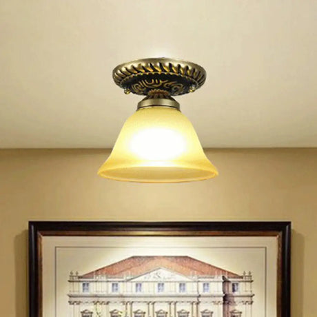 Frosted Glass Semi Flush Mount Vintage Bronze Bell Ceiling Light / E