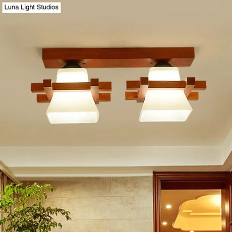Frosted Glass Semi - Mounted Flush Ceiling Light With Nordic Coffee Finish And Wooden Frame -