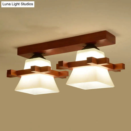 Frosted Glass Semi - Mounted Flush Ceiling Light With Nordic Coffee Finish And Wooden Frame -