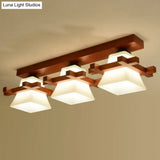 Frosted Glass Semi - Mounted Flush Ceiling Light With Nordic Coffee Finish And Wooden Frame -