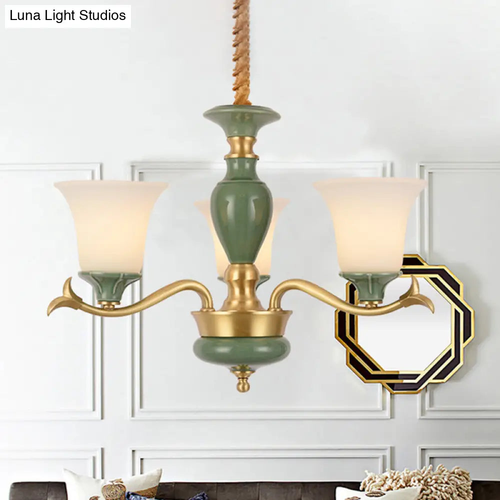 Frosted Glass Suspension Lighting - 3/6 Bulbs Countryside Green Chandelier For Guest Room