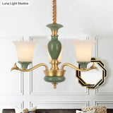Frosted Glass Suspension Lighting - 3/6 Bulbs Countryside Green Chandelier For Guest Room