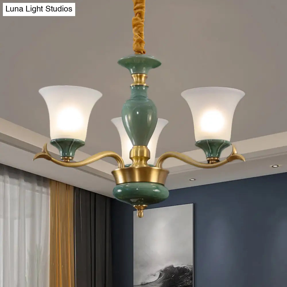 Frosted Glass Suspension Lighting - 3/6 Bulbs Countryside Green Chandelier For Guest Room