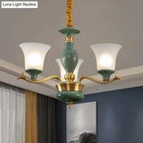Frosted Glass Suspension Lighting - 3/6 Bulbs Countryside Green Chandelier For Guest Room