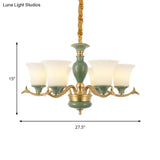 Frosted Glass Suspension Lighting - 3/6 Bulbs Countryside Green Chandelier For Guest Room