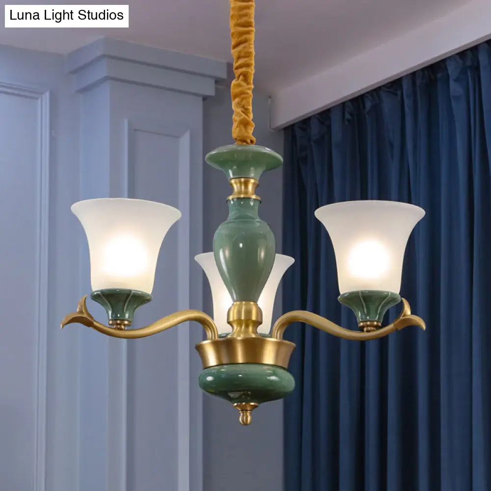 Frosted Glass Suspension Lighting - 3/6 Bulbs Countryside Green Chandelier For Guest Room