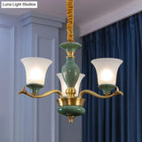 Frosted Glass Suspension Lighting - 3/6 Bulbs Countryside Green Chandelier For Guest Room