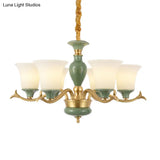 Frosted Glass Suspension Lighting - 3/6 Bulbs Countryside Green Chandelier For Guest Room