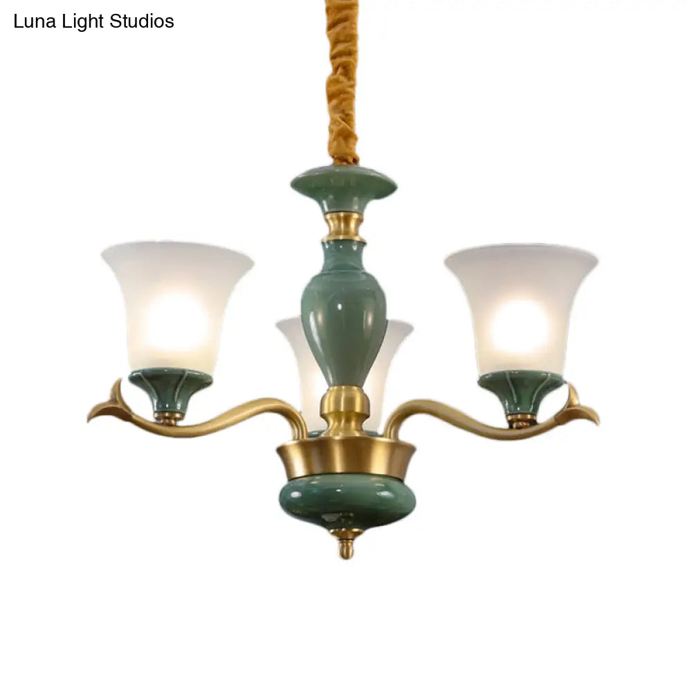 Frosted Glass Suspension Lighting - 3/6 Bulbs Countryside Green Chandelier For Guest Room