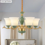 Frosted Glass Suspension Lighting - 3/6 Bulbs Countryside Green Chandelier For Guest Room