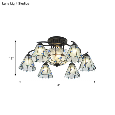 Frosted Glass Tiffany Style Ceiling Light Fixture - White/Yellow/Blue Semi-Flush Mount