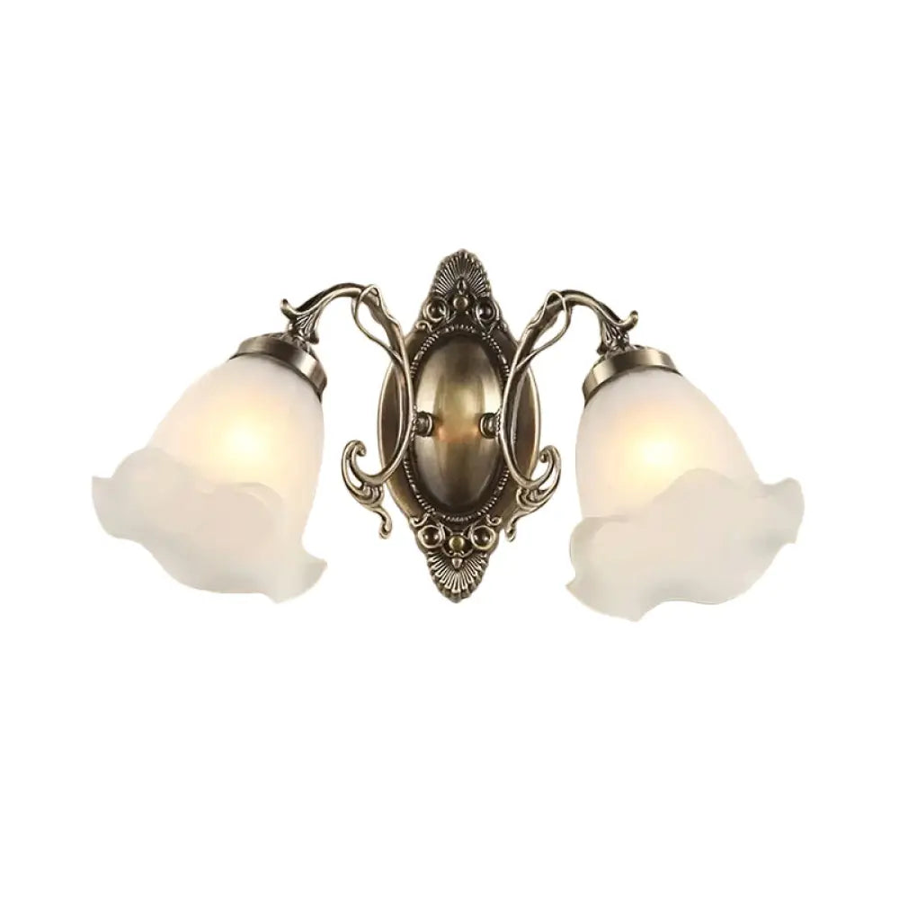 Frosted Glass Wall Lamp In Countryside Bronze: Elegant Flower Design For Living Room Lighting 2 /