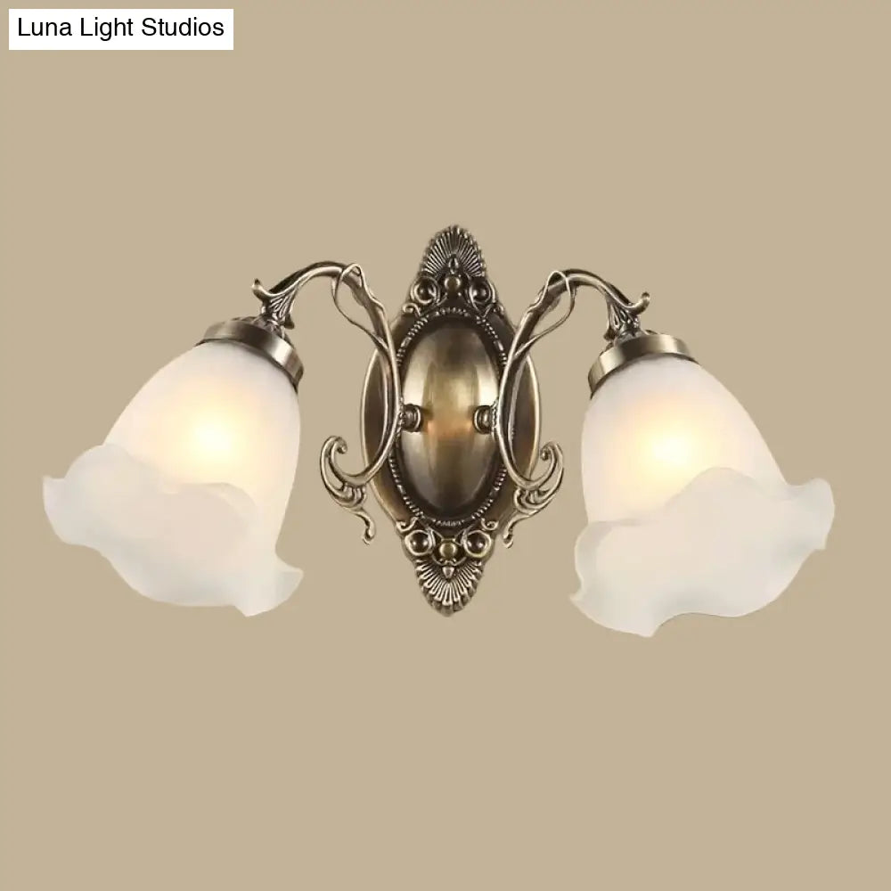 Frosted Glass Wall Lamp In Countryside Bronze: Elegant Flower Design For Living Room Lighting