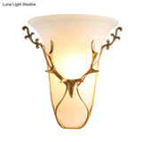 Frosted Glass Wall Mounted Brass Lamp With Elk Head - Traditional Trumpet Mount