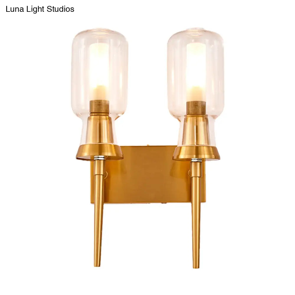 Frosted Glass Wall Sconce With Gold Flush Mount For Stairway - Traditionally Designed Cylinder Light