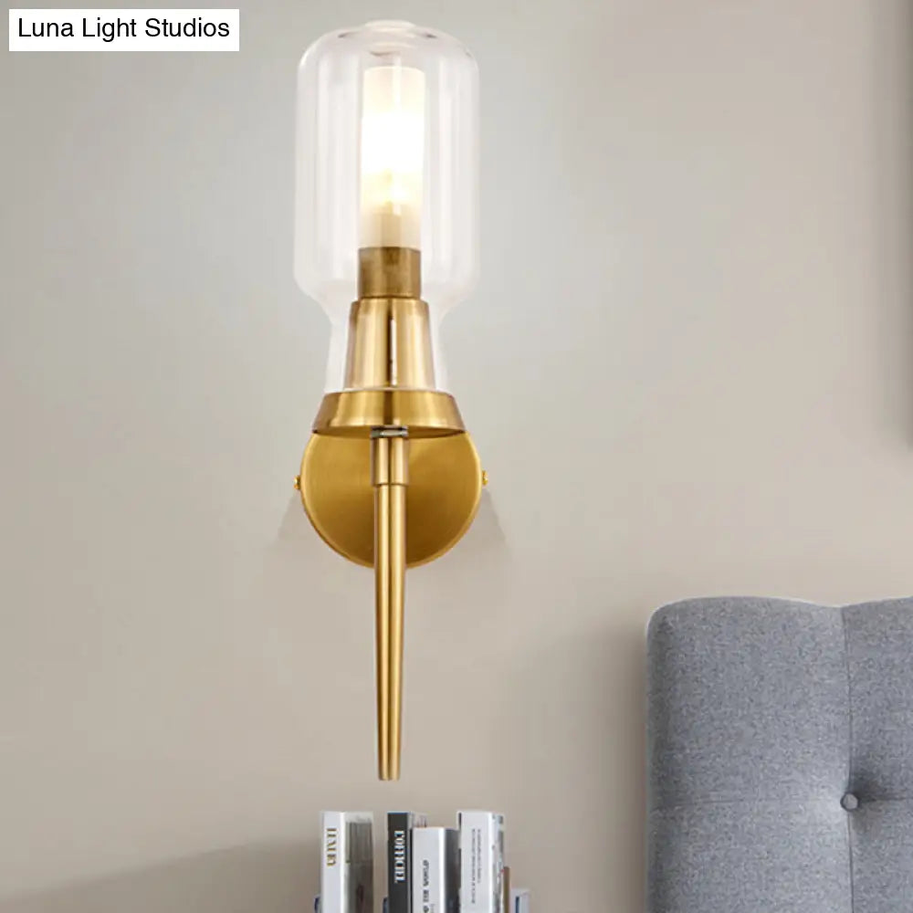 Frosted Glass Wall Sconce With Gold Flush Mount For Stairway - Traditionally Designed Cylinder Light