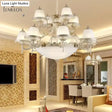 Frosted Glass White Chandelier Tiered Bell Shaped 15-Light Country Style Hanging Light