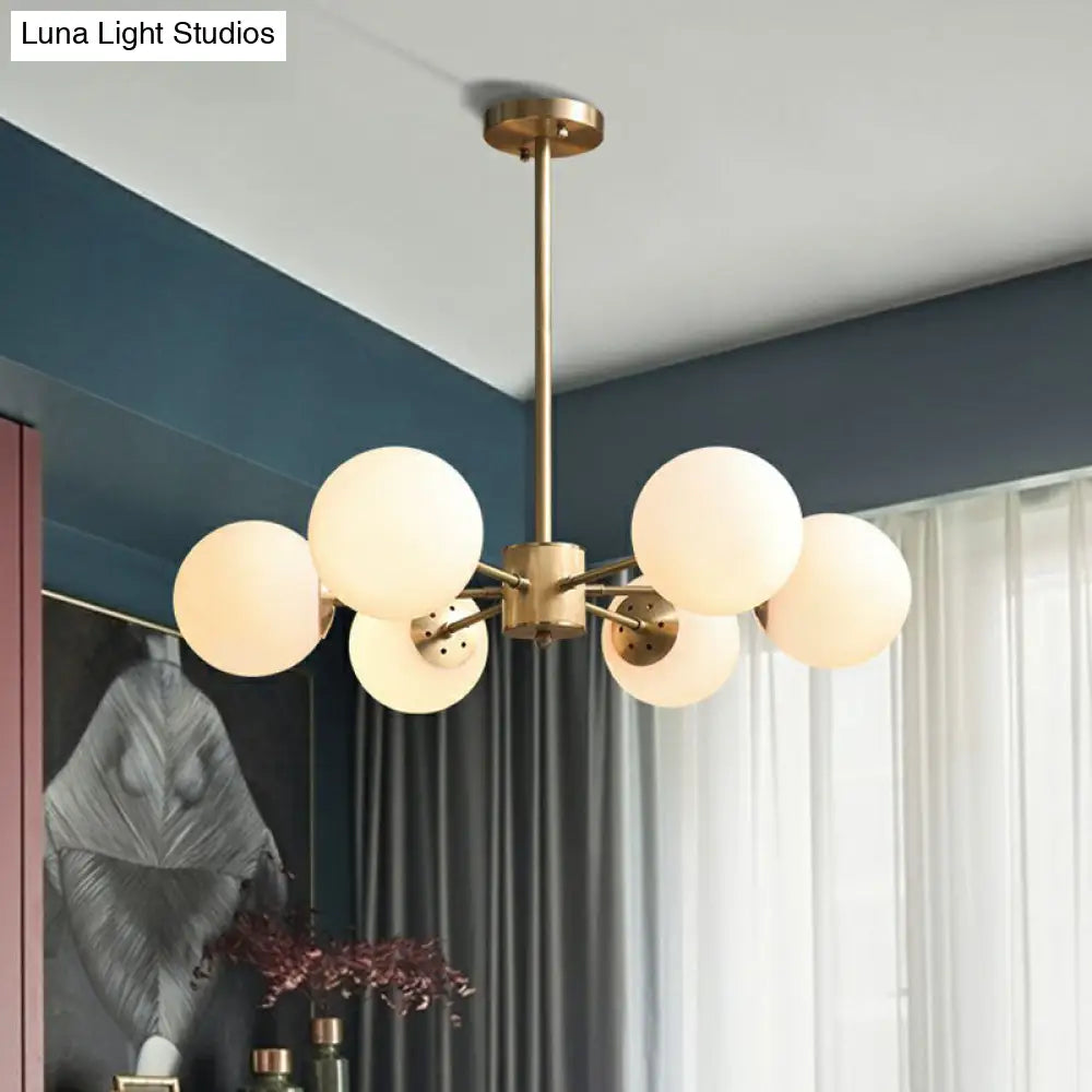 Frosted White Glass Ball Chandelier With Minimalist Gold Finish - Elegant Ceiling Light For Dining