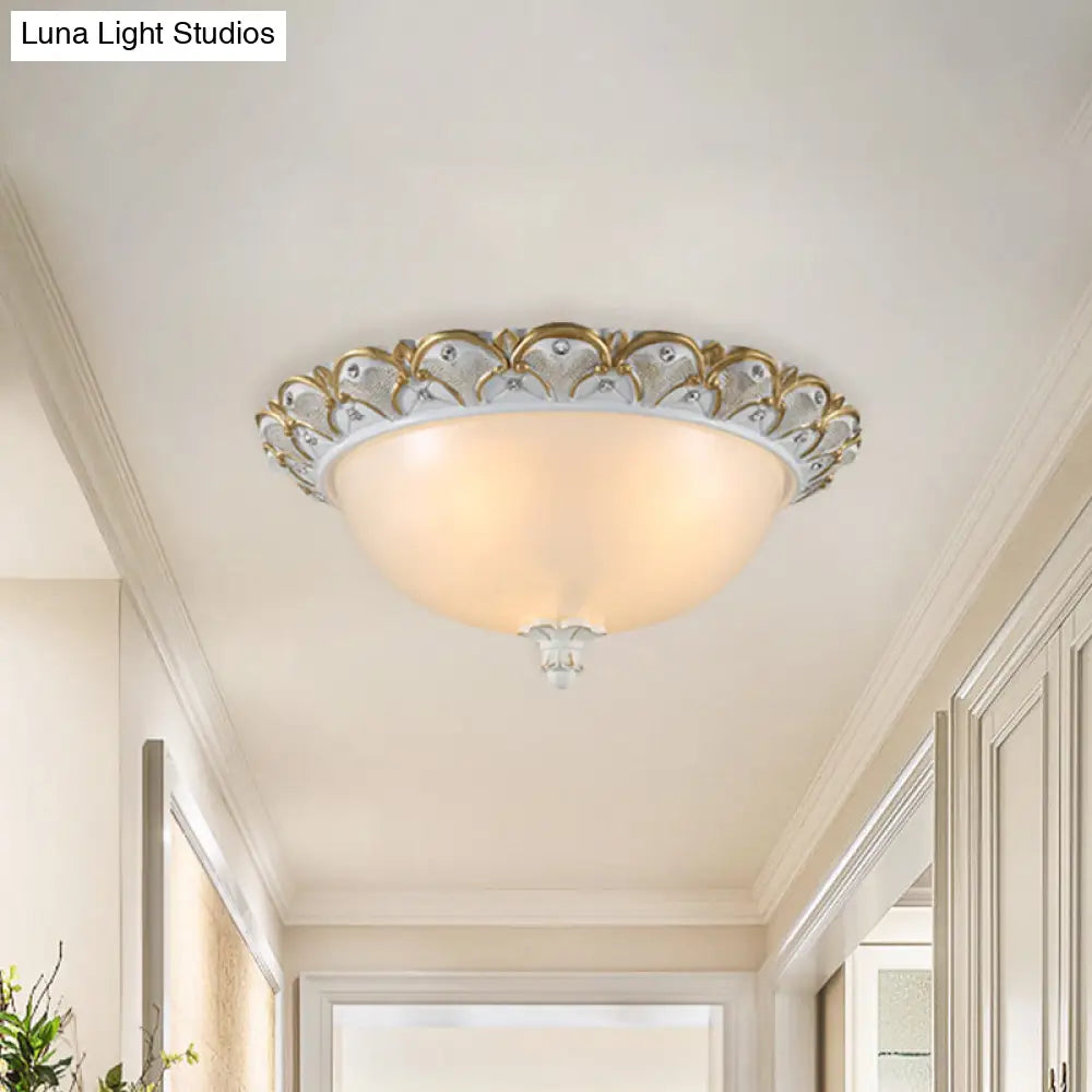 Frosted White Glass Dome 3 - Light Bedroom Flush Mount With Carved Edge