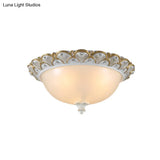 Frosted White Glass Dome 3 - Light Bedroom Flush Mount With Carved Edge