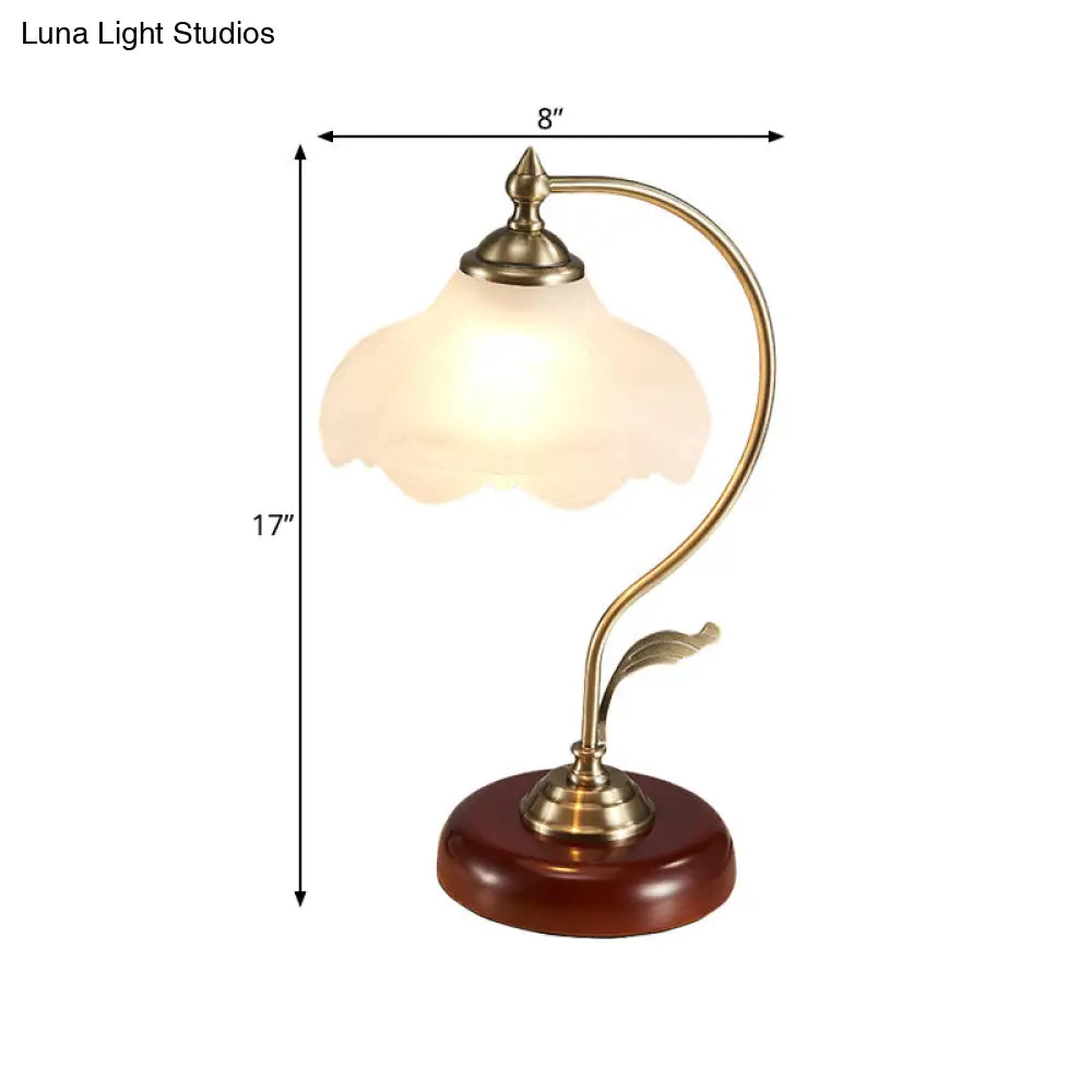 Frosted White Glass Floral Night Lamp - Traditional Table Light For Living Room With Bowed Arm