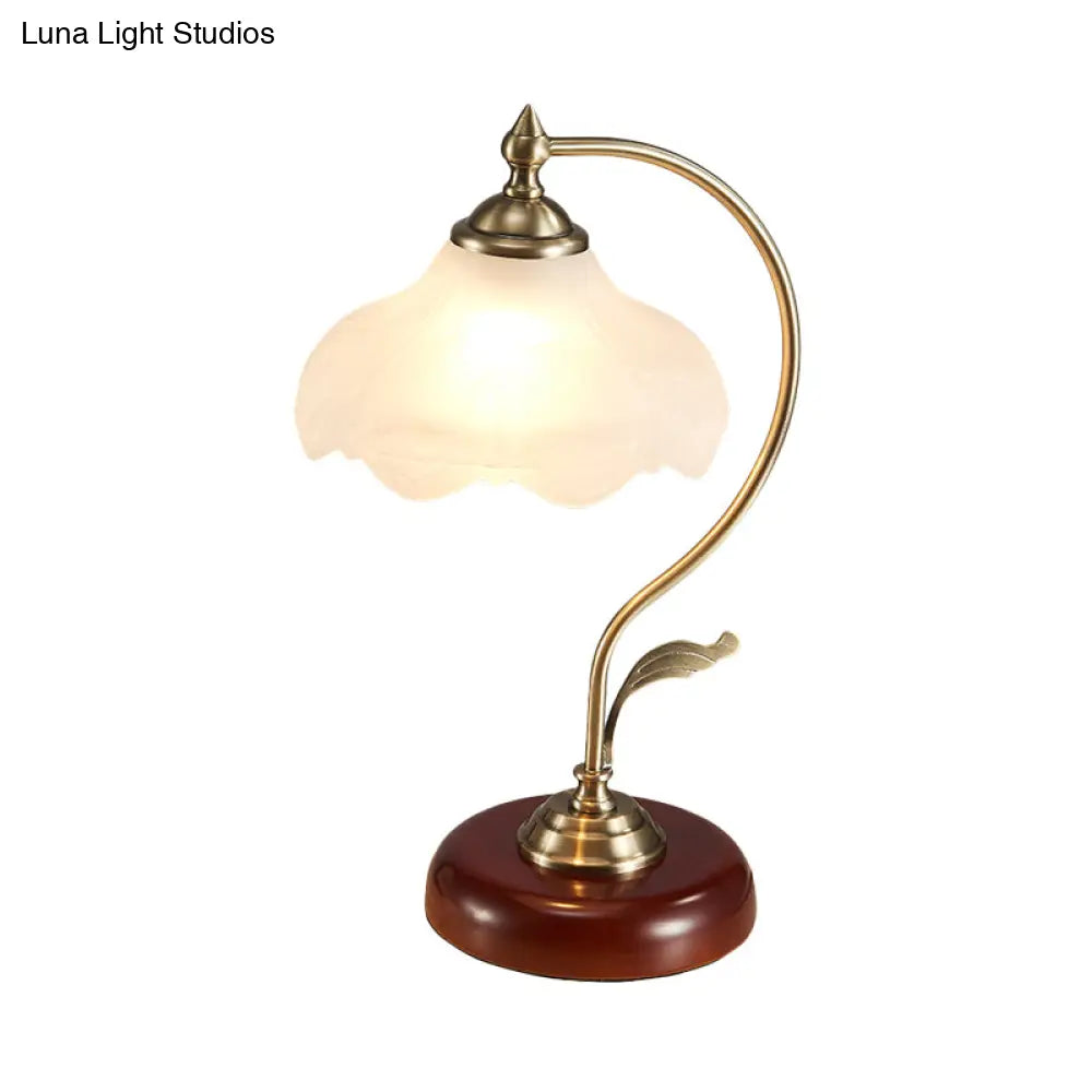Frosted White Glass Floral Night Lamp - Traditional Table Light For Living Room With Bowed Arm