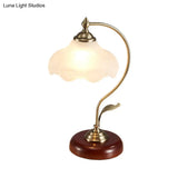 Frosted White Glass Floral Night Lamp - Traditional Table Light For Living Room With Bowed Arm